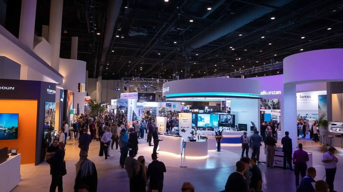 Trade show exhibit space bustling with attendees, showcasing various branded booths and displays, emphasizing Elevate Exhibits focus on impactful event experiences.