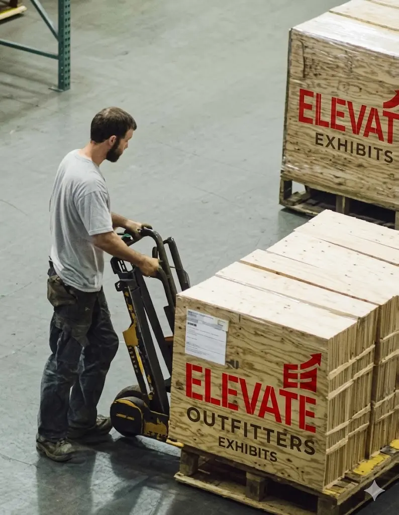 Man operating a pallet jack in a warehouse, moving crates labeled Elevate Exhibits, showcasing trade show logistics and preparation services.
