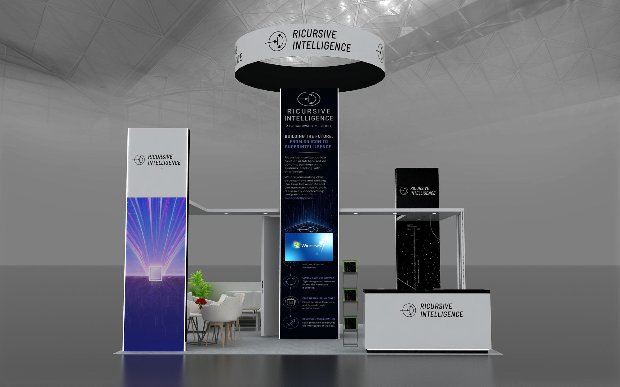 Ricursive Intelligence 3D booth design render — DAC 2026 trade show exhibit concept by Elevate Exhibits