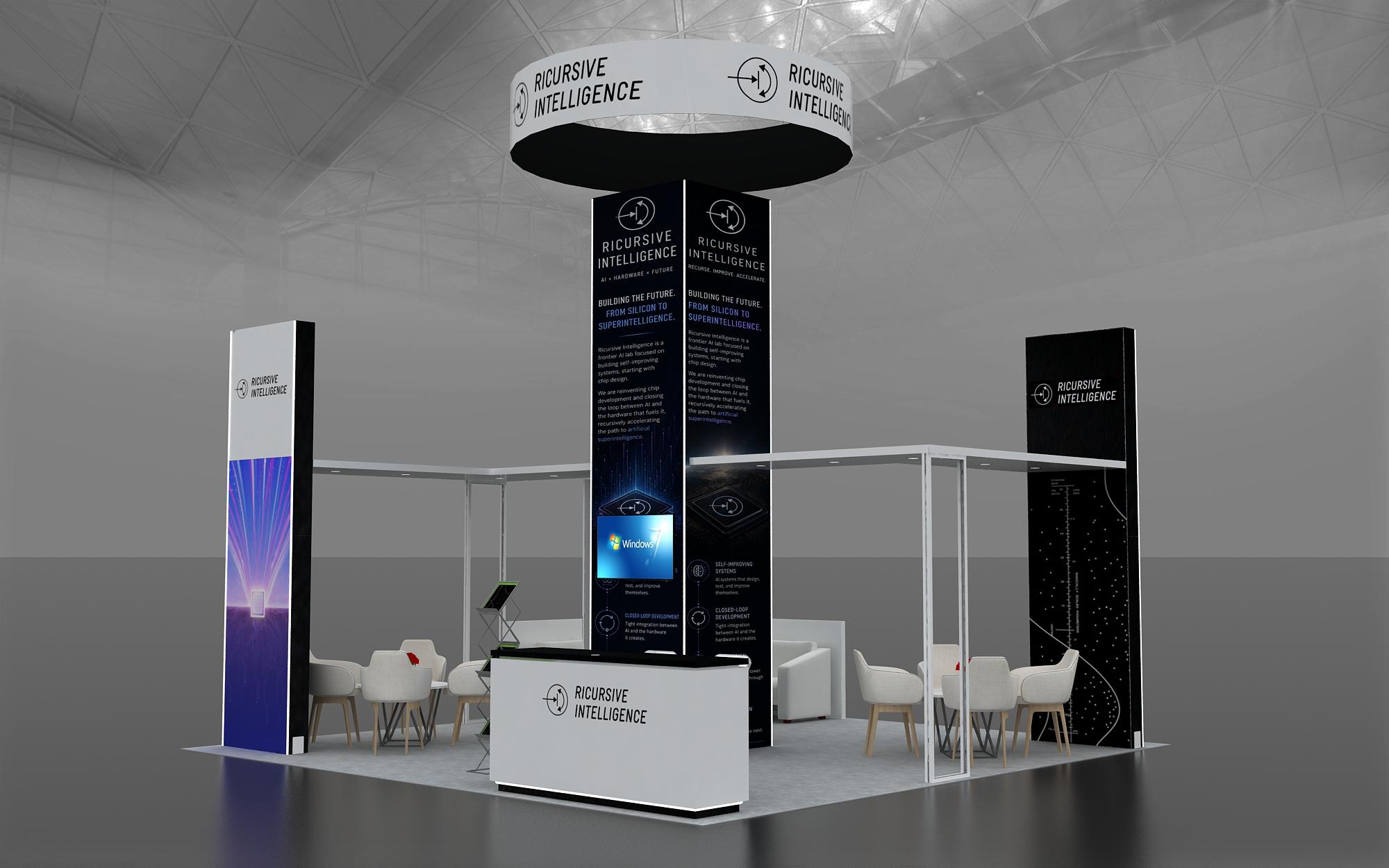 Custom trade show booth architectural render with illuminated tower and hanging sign — DAC 2026 exhibit design