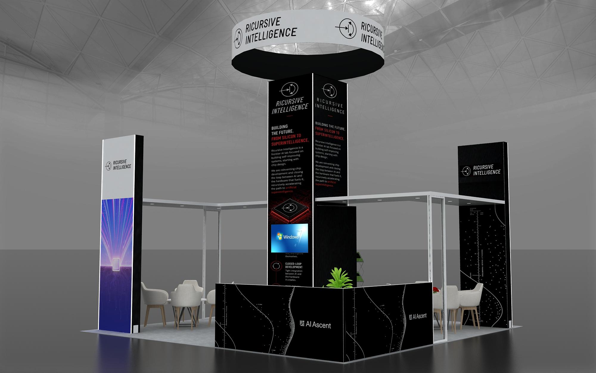 3D render of custom modular trade show exhibit with branded backwall and reception counter