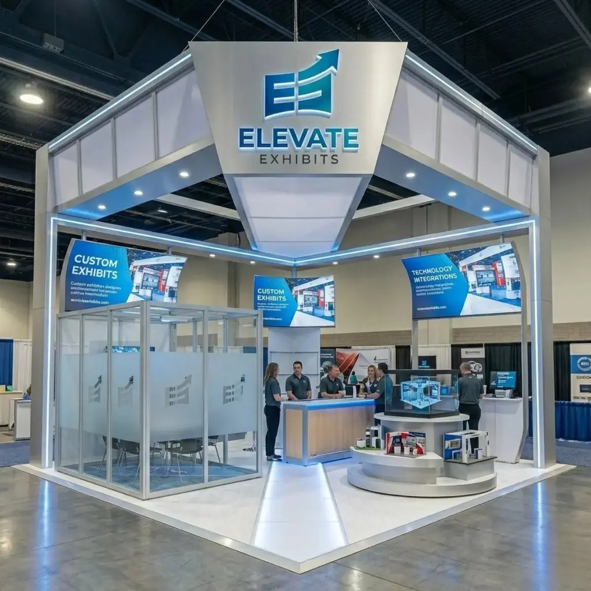 Trade show exhibit showcasing various booths with informational displays about refugee journeys, featuring attendees interacting and exploring the space.