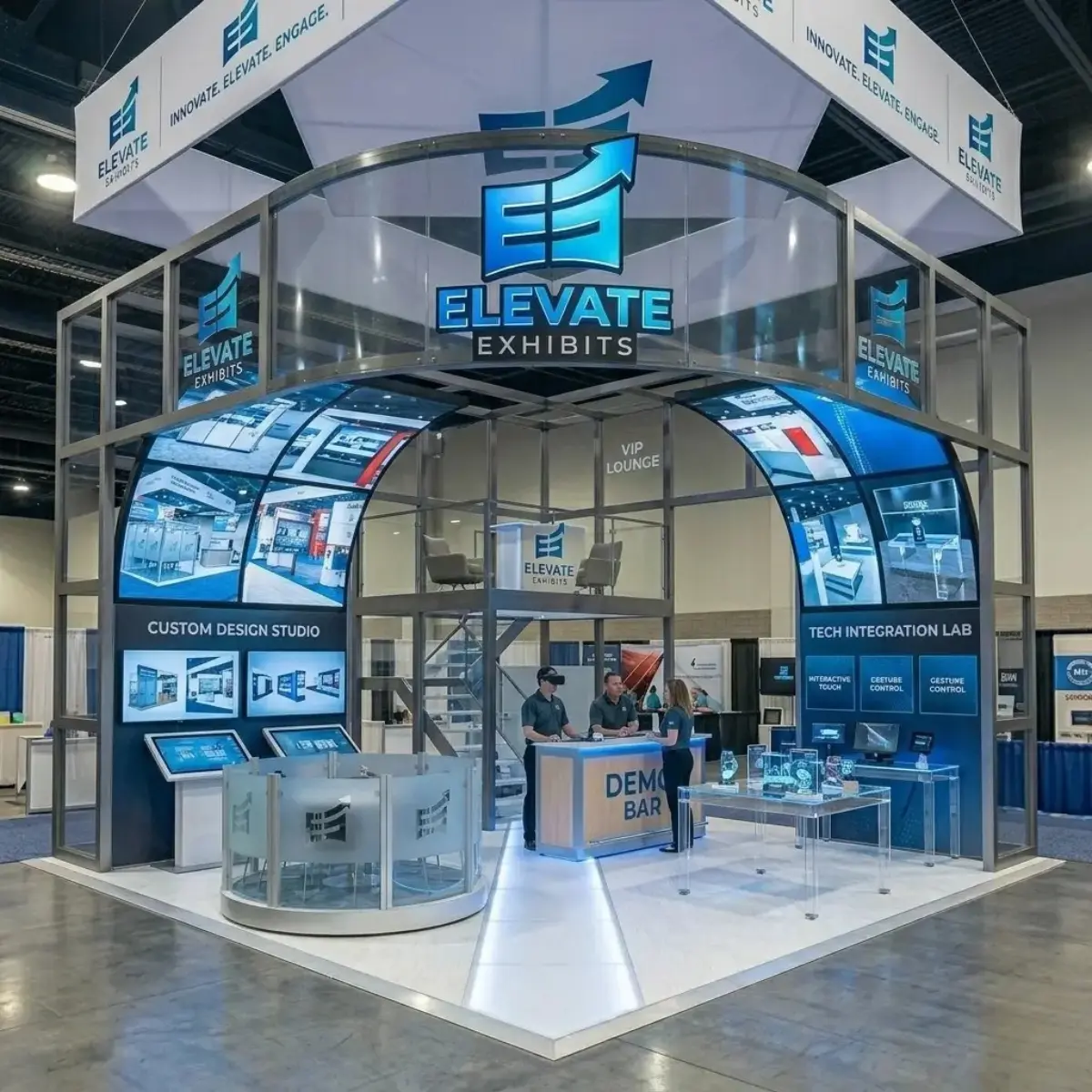 Elevate Exhibits trade show booth featuring custom design studio, tech integration lab, and demo bar, showcasing interactive displays and brand engagement.