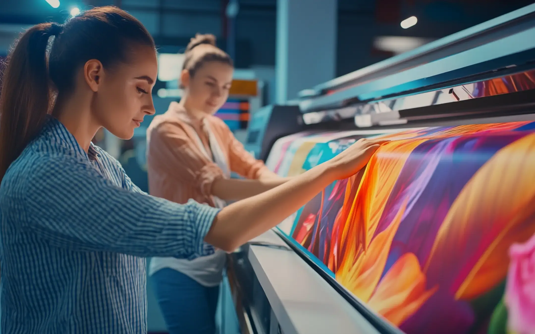 Two women examining vibrant printed graphics on a large-format printer, showcasing Elevate Exhibits commitment to high-quality trade show booth design and custom graphics.