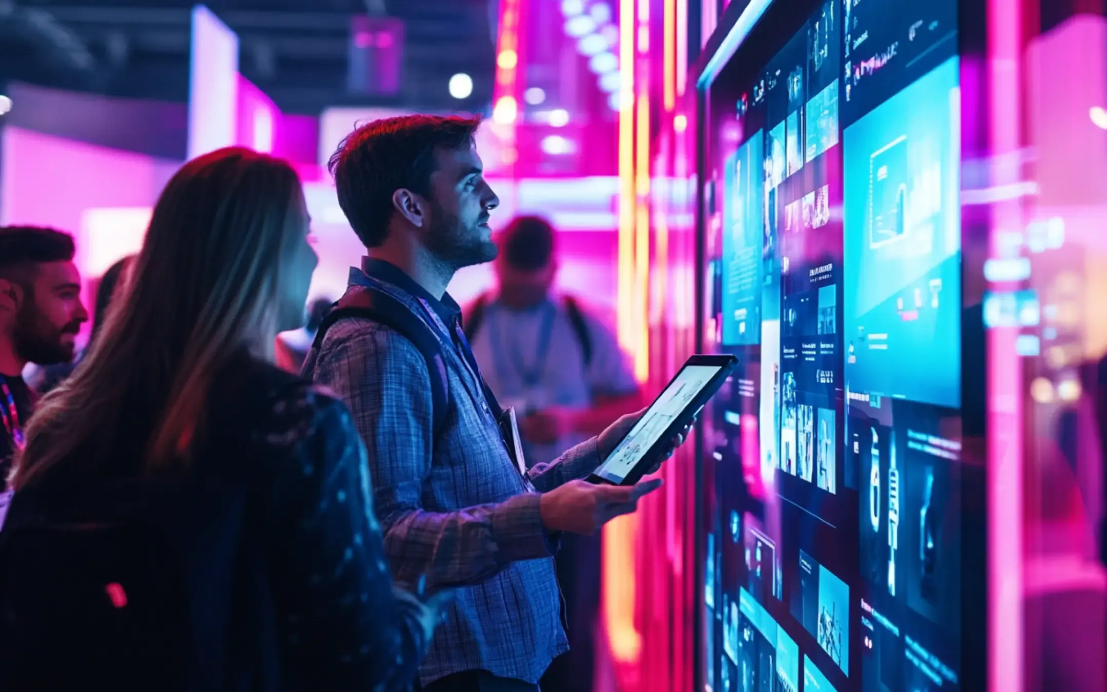 Person engaging with interactive digital display in immersive event environment, showcasing technology integration and branded production for corporate events.