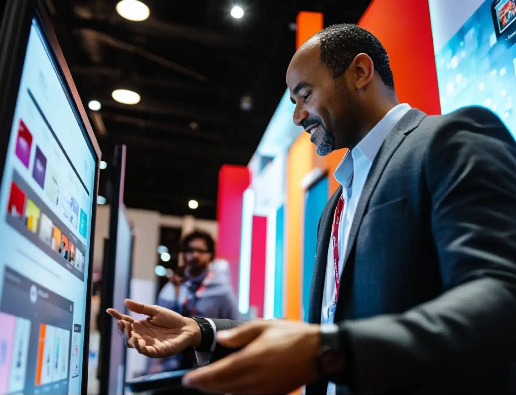 Man in business attire engaging with a digital display at a trade show booth, showcasing interactive design elements and vibrant branding, highlighting Elevate Exhibits custom exhibit management services.
